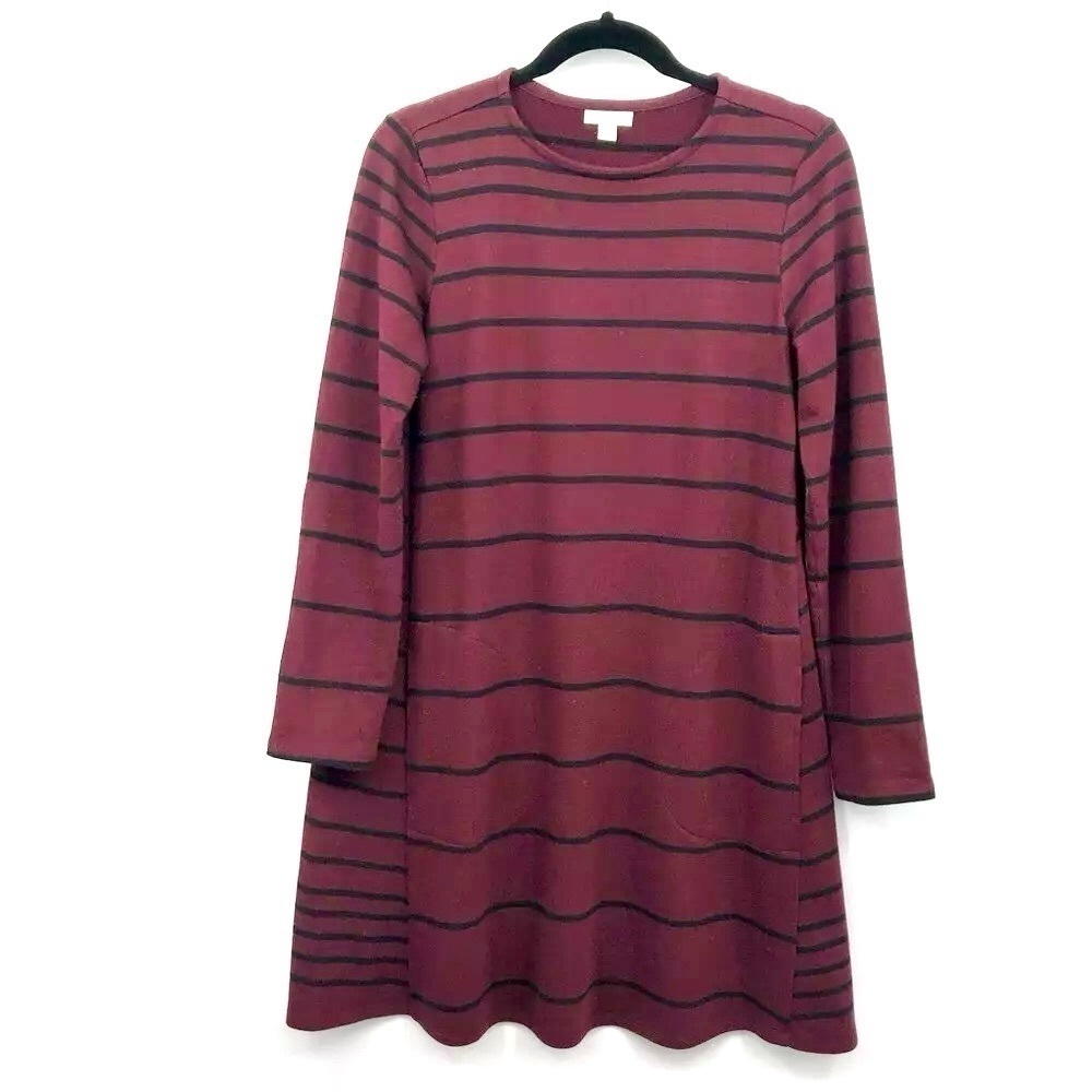 J. Jill Long Sleeve A Line Dress with Front Pockets Wine Stripe